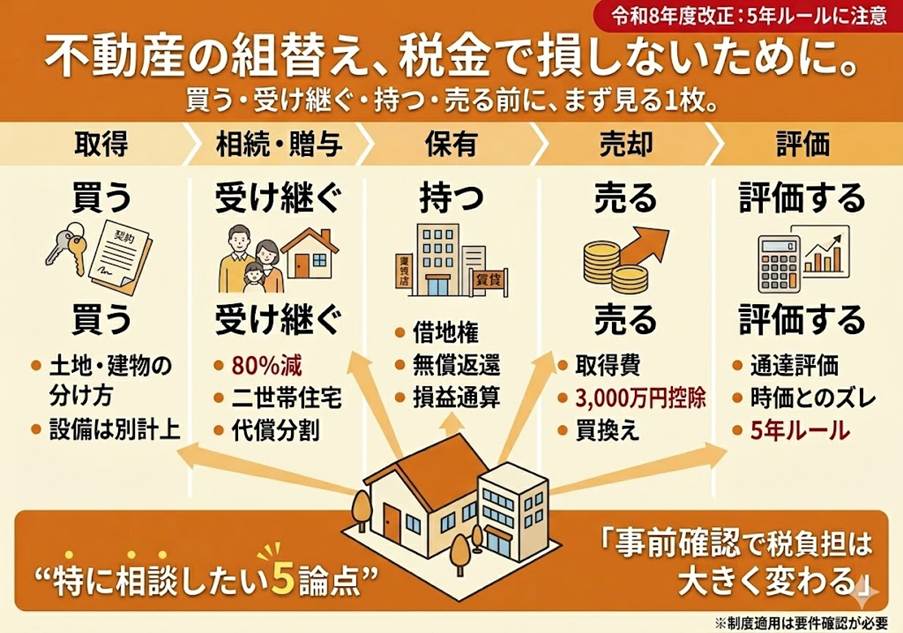 不動産の「組替え」で気をつけたい税務のポイント：取得・相続・譲渡を徹底解説