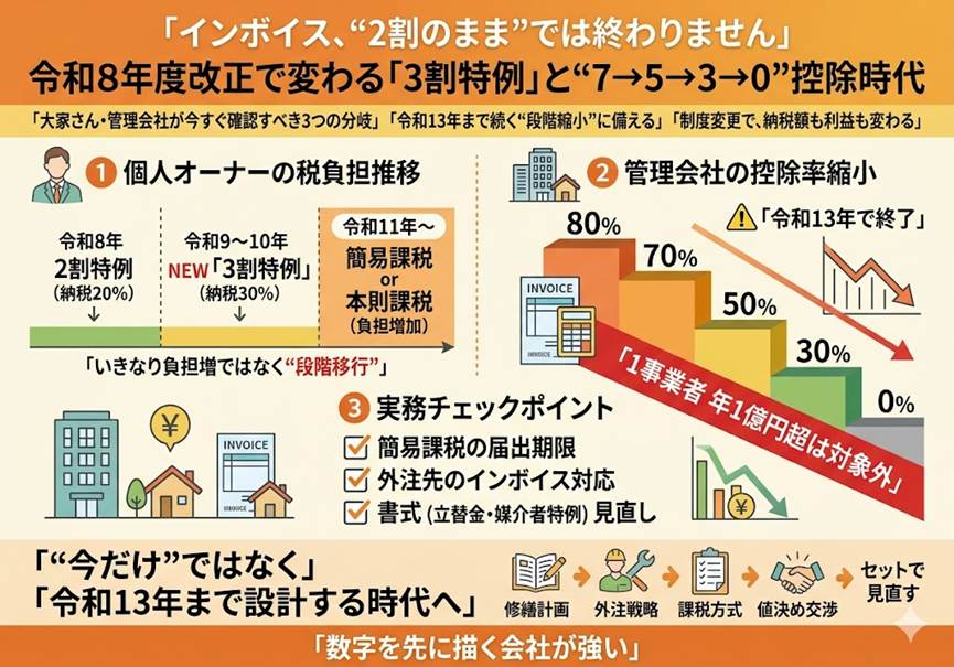 インボイス第二章——令和8年度改正で個人オーナーに「3割特例」新設、買い手側の経過措置は「7・5・3割控除」へ。不動産現場が今点検すべき3つの分岐