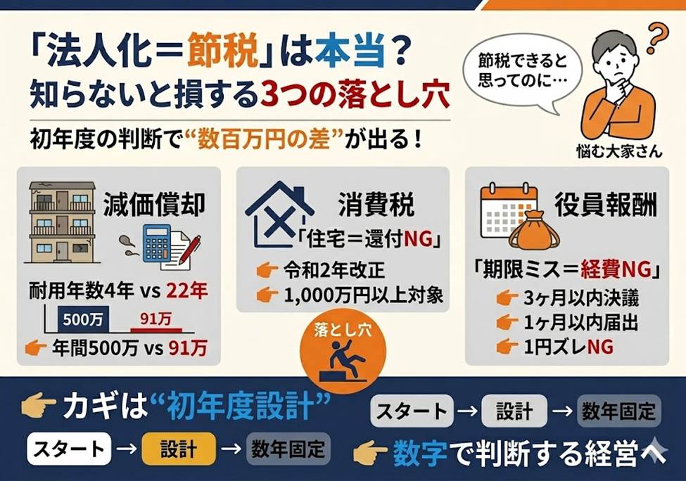 法人で大家になると本当に節税できる？—減価償却・消費税・役員報酬の3つの落とし穴