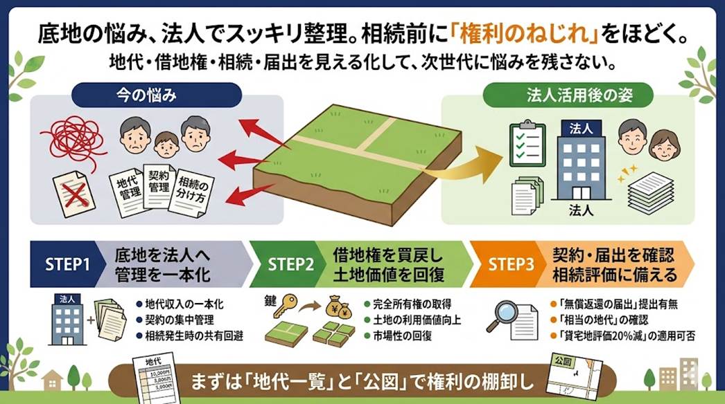 底地・借地権の悩みから解放されるために──不動産管理法人を通じた「権利の集約」と円満承継のロードマップ