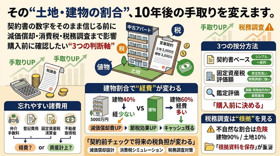 中古物件の「土地・建物の按分」、契約書任せにしていませんか？—節税効果が数百万円変わる3つの判断軸