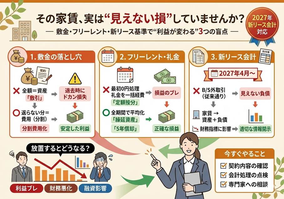 オフィスや店舗を借りる会社の3つの落とし穴 — 敷金・フリーレント・新リース会計基準にどう備える？