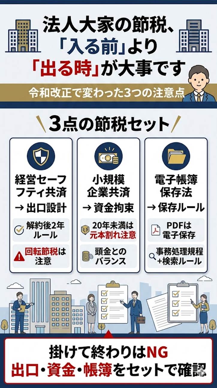 法人大家の節税3点セット、令和の改正で「使い方」が変わりました—経営セーフティ共済・小規模企業共済・電子帳簿の3視点