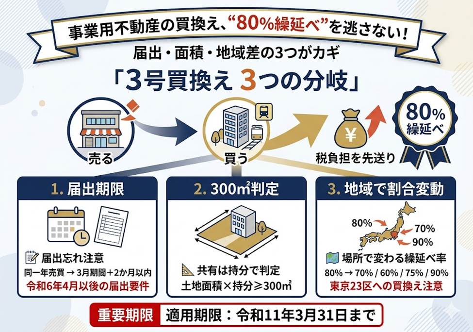 事業用不動産の買い換え、80%課税繰延べを取りこぼさない3つの実務分岐──令和11年3月31日までの「3号買換え」