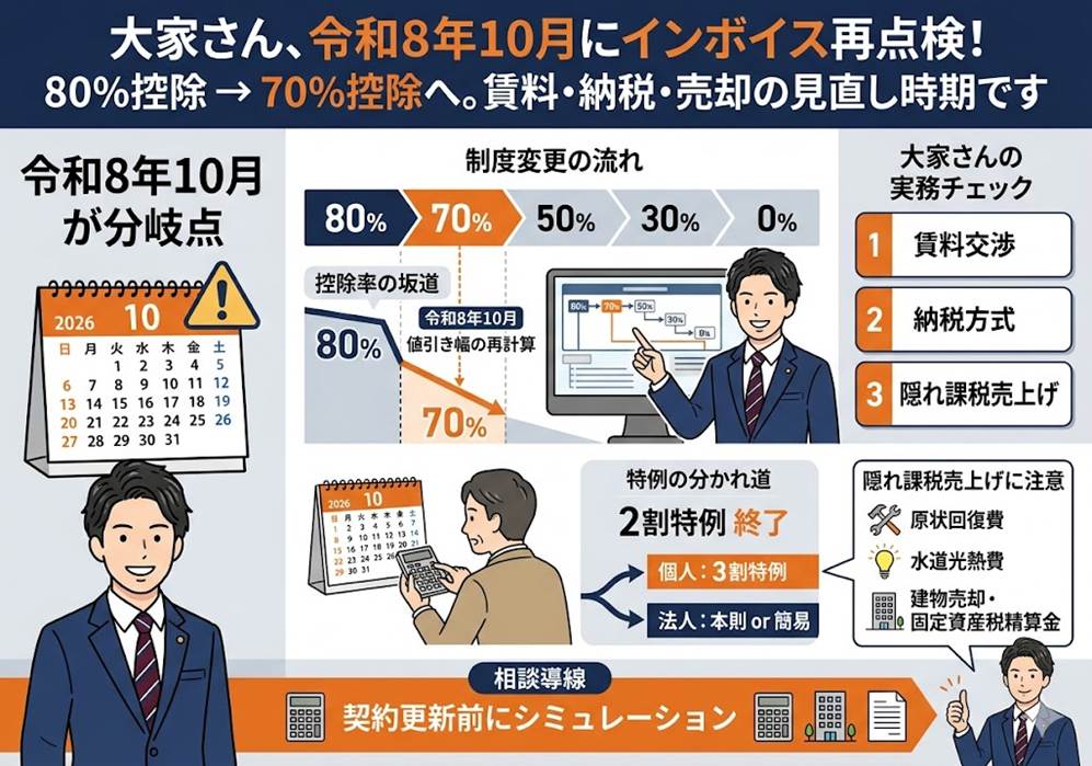令和8年10月「80%→70%控除」へ切替、「2割特例」も終了——大家のインボイス再点検3つの実務分岐