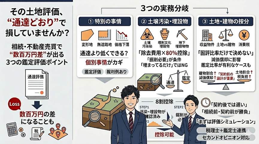 その土地評価、通達どおりで本当に大丈夫？——相続・売買で数百万円変わる『鑑定評価』3つの実務分岐