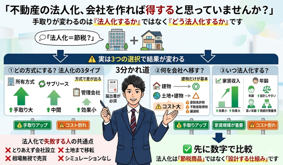 不動産の法人化、会社をつくれば必ず得すると思っていませんか？——手取りを左右する3つの分かれ道