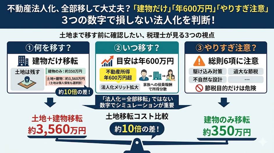 不動産の法人化、勢いで土地まで移していませんか？——数字で見極める3つの視点