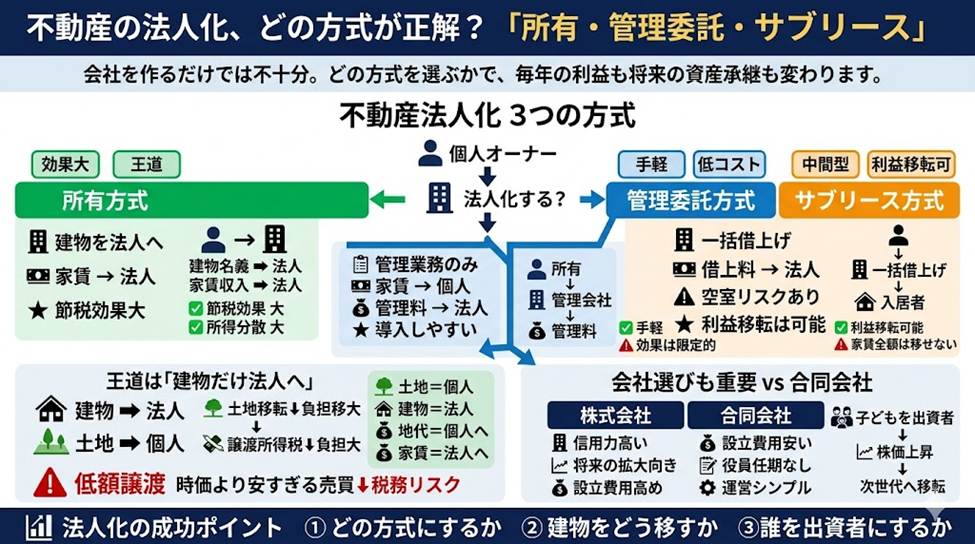 不動産の法人化、どの方式で始めますか？——所有・管理委託・サブリースで手取りが変わる3つの分岐