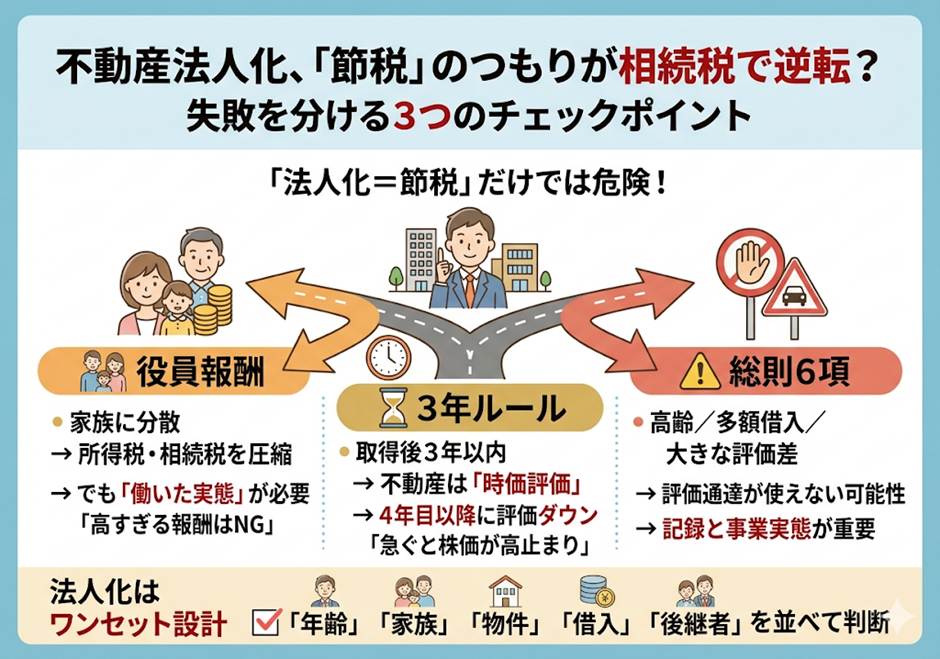 不動産の法人化、その設計で大丈夫ですか？——相続税で逆転される3つの分岐（役員報酬・3年ルール・総則6項）