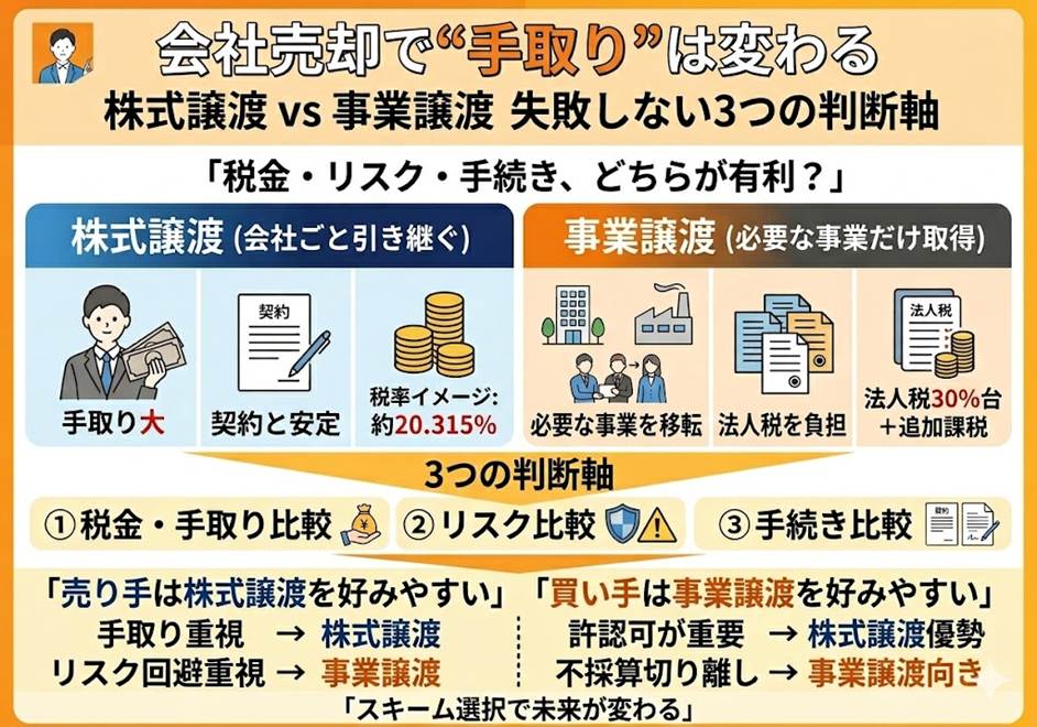 「株式譲渡」と「事業譲渡」、結局どちらが得か?──手取り額を変える3つの判断軸