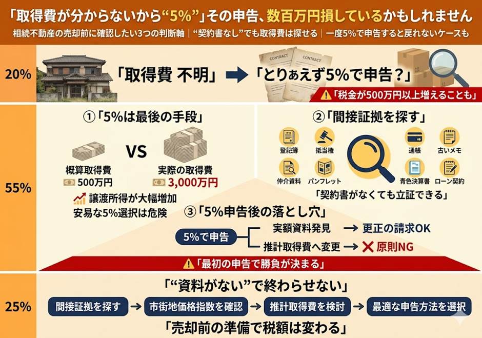 取得費不明の不動産売却、いきなり「5％」で申告して大丈夫？——譲渡所得で数百万円損しない3つの実務判断
