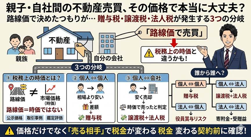 身内や自分の会社への不動産売買、路線価の値段で決めていませんか？――「税務上の時価」を外すと課税が膨らむ3つの分岐
