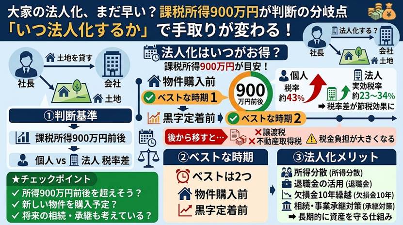 大家の法人化はいつが得？所得900万円で変わる損益分岐点