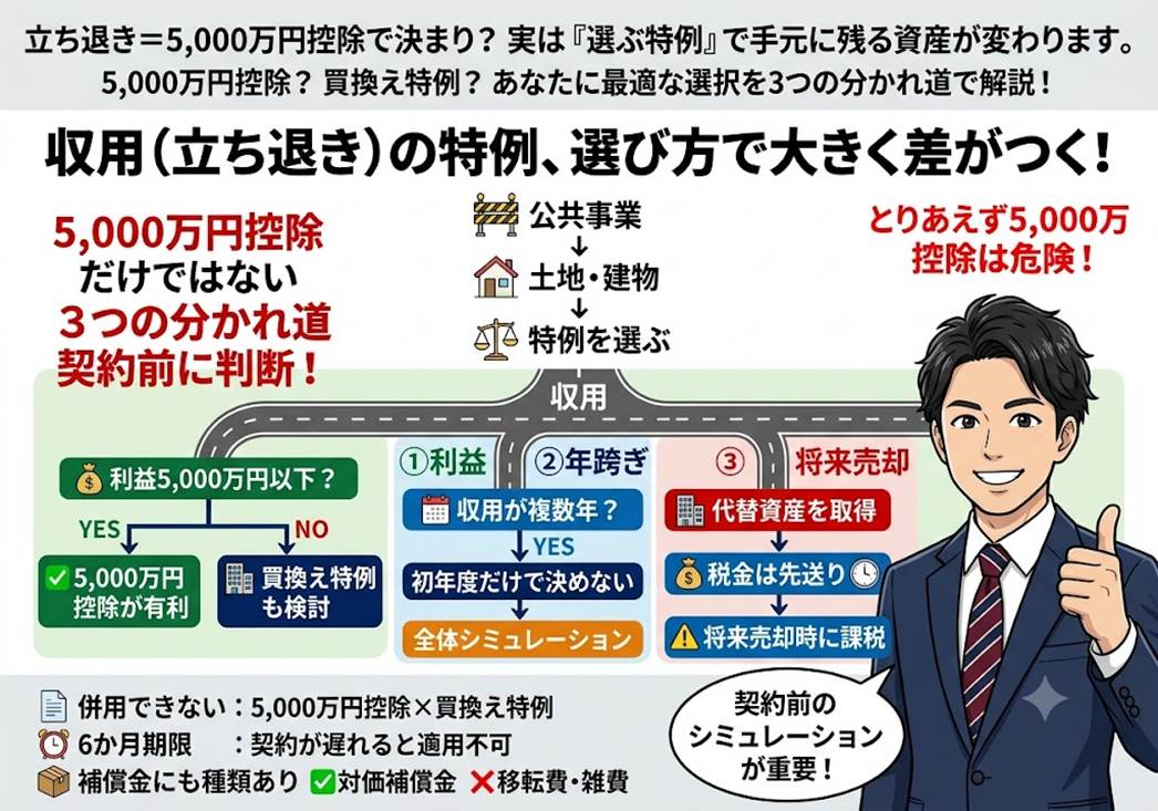 公共事業での立ち退き、「とりあえず5,000万円控除」で損していませんか？――収用時の特例選択を分ける3つの分かれ道