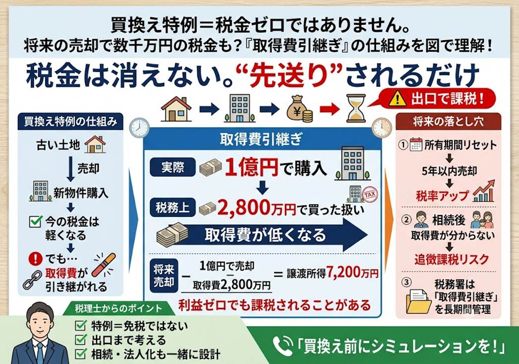 不動産の買換えを「税金ゼロの魔法」と思っていませんか？――将来の出口で泣かないための「取得費引継ぎ」の罠