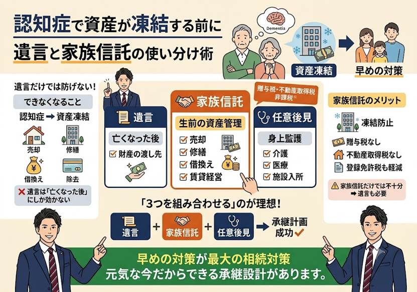 認知症で凍結する前に 遺言と家族信託の使い分け術