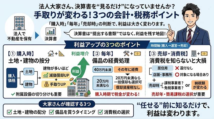 法人で不動産を持つ大家さん、決算書を「お任せ」にして数万円を取りこぼしていませんか？――手取りが変わる3つの会計・税務の着眼点