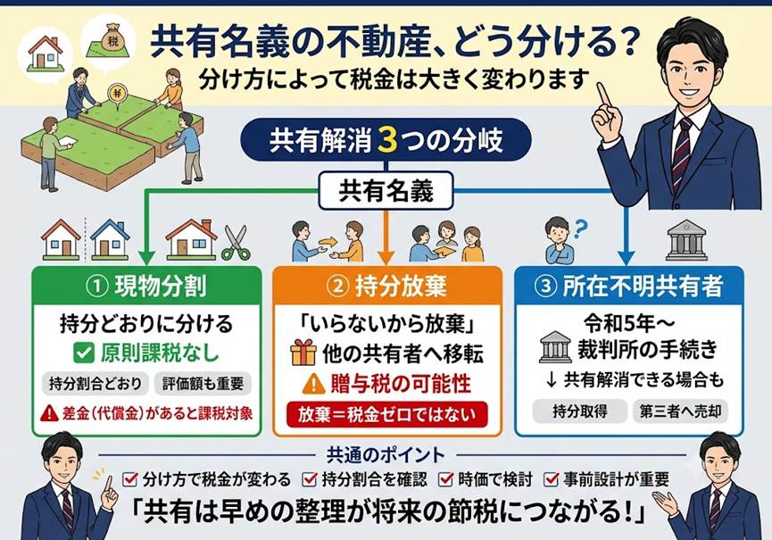 共有名義の不動産、「分けると税金がかかる」と思っていませんか?——知らないと損する共有の解消3つの分岐
