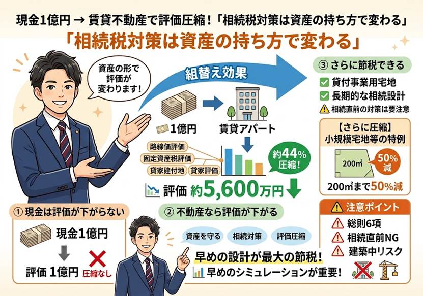 現金1億円を賃貸に変えて相続税評価を圧縮する実務
