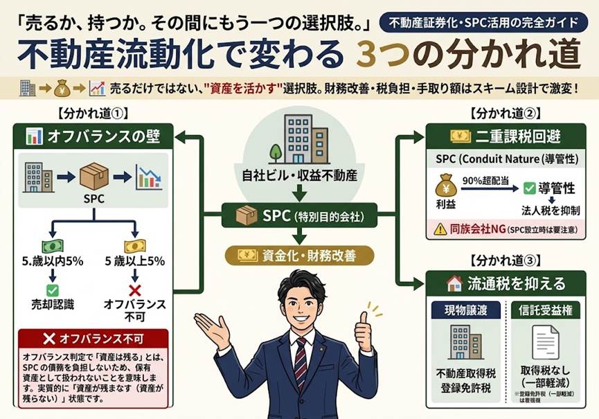 自社ビルや収益不動産、「持つか売るか」だけで考えていませんか？——不動産の“流動化”で手取りが変わる3つの分かれ道