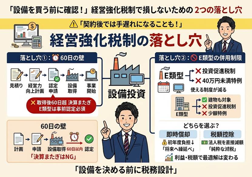 経営強化税制の落とし穴 E類型の併用制限と60日の壁