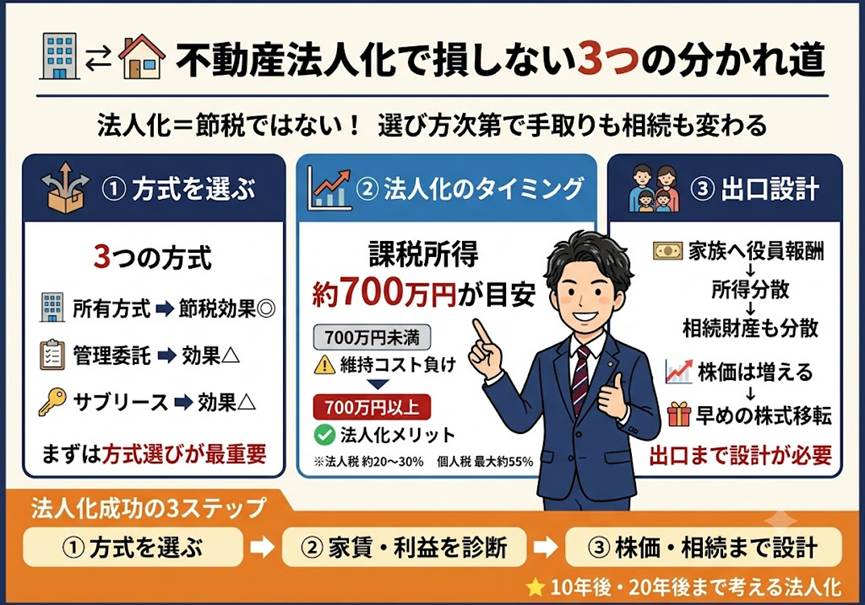「不動産は法人に移せば節税」と思っていませんか？——手取りを増やす法人化、3つの分かれ道