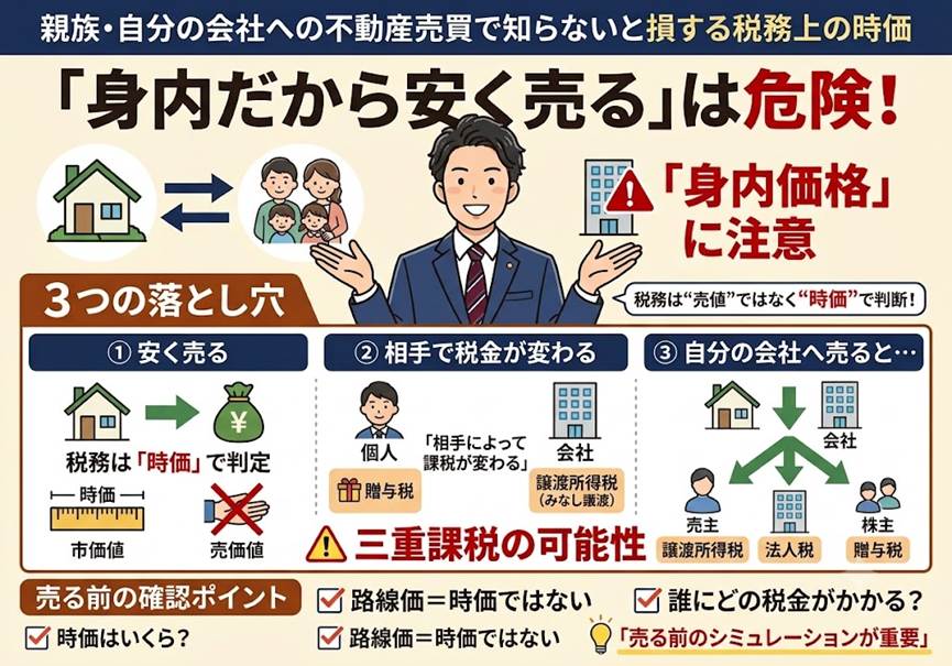 親族や自分の会社へ不動産を安く売ると、税金が三重にかかる？——知らないと損する「税務上の時価」3つの勘所