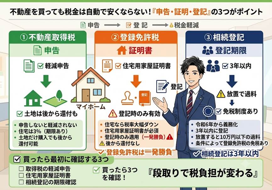 不動産を買ったあと、税金の軽減は“自動”では受けられません——取得・登記でこぼさない3つの勘所