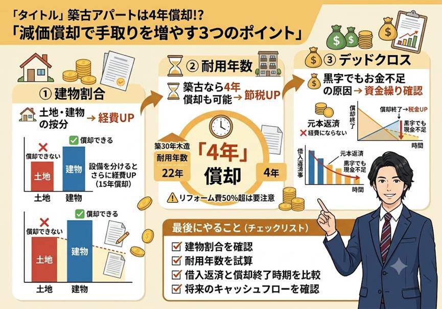 築古アパートの耐用年数は「4年」にできるのをご存じですか？——減価償却で手取りを増やす3つの勘所