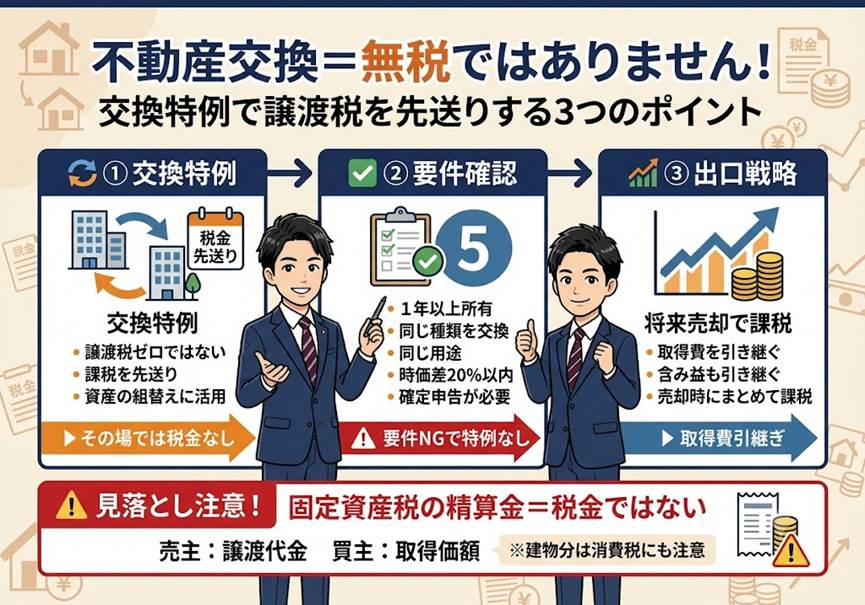 不動産を「交換」すれば譲渡税はかからない？——課税を繰り延べる交換特例と3つの勘所