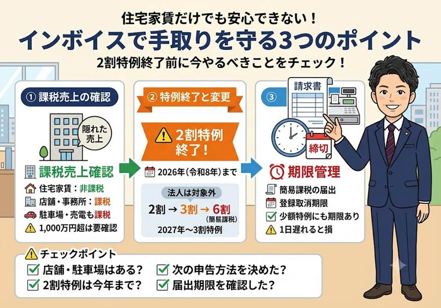 「住宅家賃だけの大家さんはインボイス無関係」——その油断が2割特例終了で高くつく3つの理由
