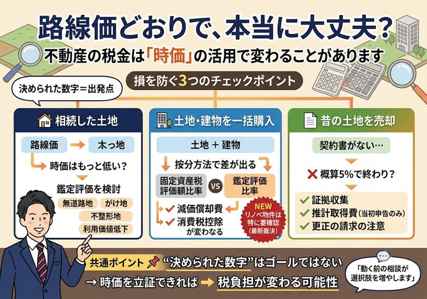 路線価どおりに払って損していませんか？——不動産の税金で「時価」を味方につける3つの場面