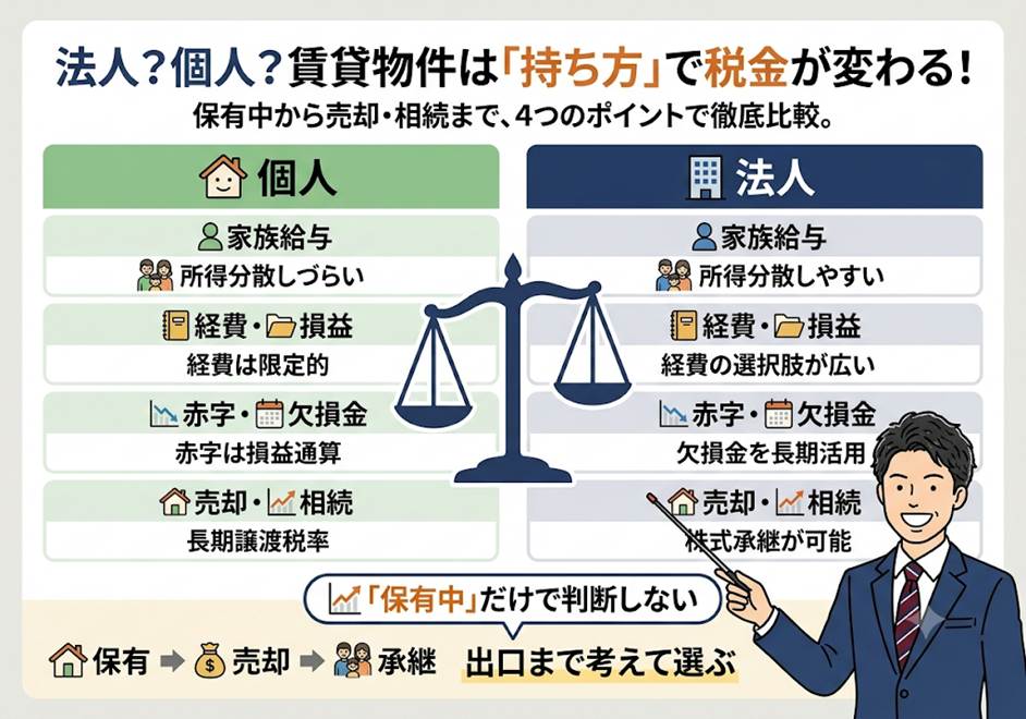 その賃貸物件、法人と個人でどちらが有利？保有中の税金で差がつく4つのQ&A