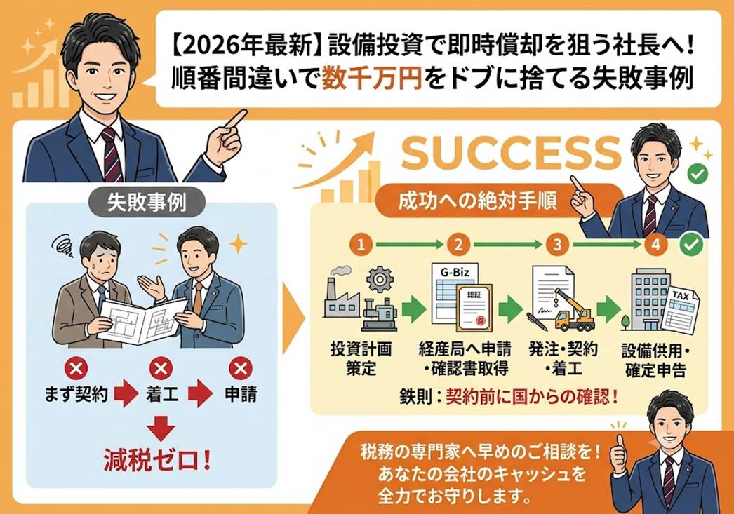 【2026年最新】5億円以上の投資で即時償却を狙う社長へ！着工・契約「後」申請で数千万円をドブに捨てる失敗事例