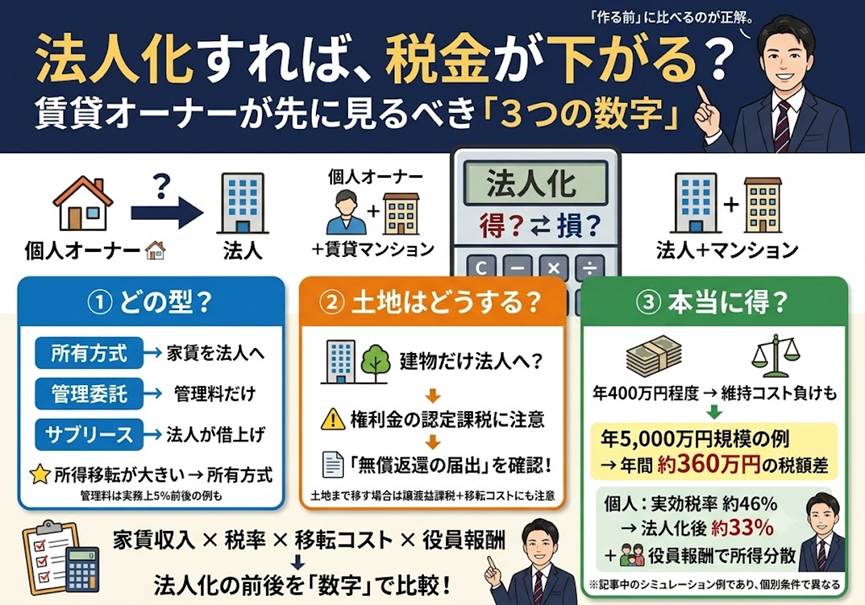 法人化すれば税金は下がる、と思っていませんか？——賃貸オーナーが数字で確かめる不動産法人化3つの勘所