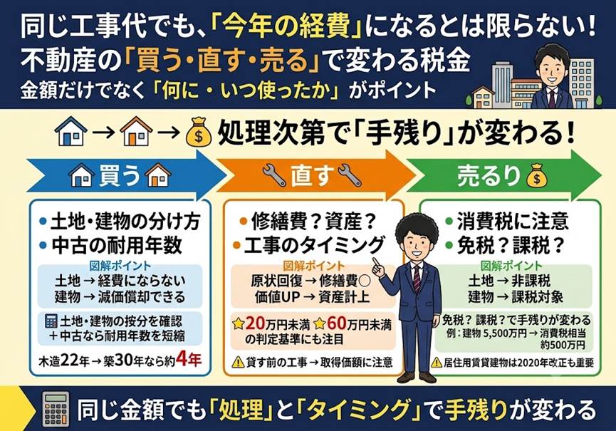 同じ工事代でも、今年の税金が変わる？——不動産を“買う・直す・売る”で損しない3つの経理の勘所
