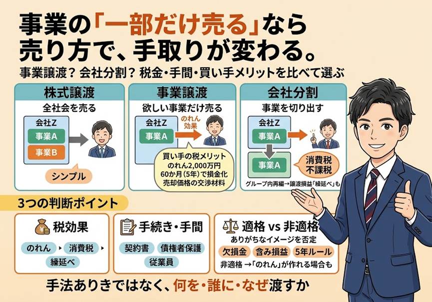一部だけ売りたい ― 事業譲渡と会社分割、どちらが手取りを残しますか？