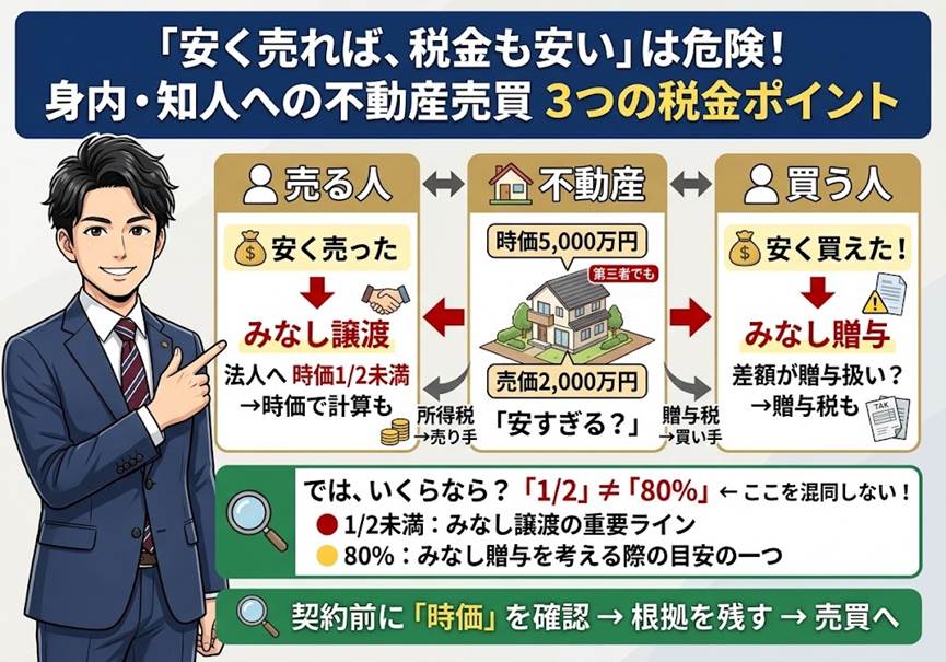 相場より安く売買すれば円満？——不動産を親族・知人に譲るとき損しない税金の勘所3つ