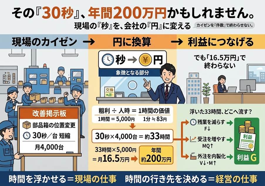 「30秒のカイゼンは、いくらですか」──現場の“秒”を、会社の“円”に両替する話