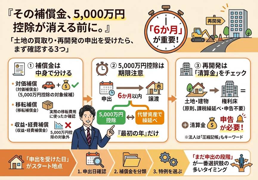 「道路をつくるので土地を譲ってほしい」——その補償金、5,000万円控除が消える前に確認したい3つのこと
