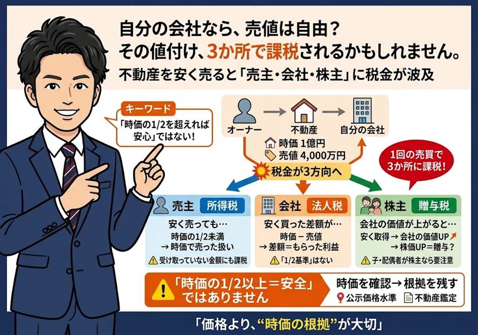 自分の会社に不動産を売るなら値段は自由、と思っていませんか？——売主・会社・株主の3か所で課税される分かれ道