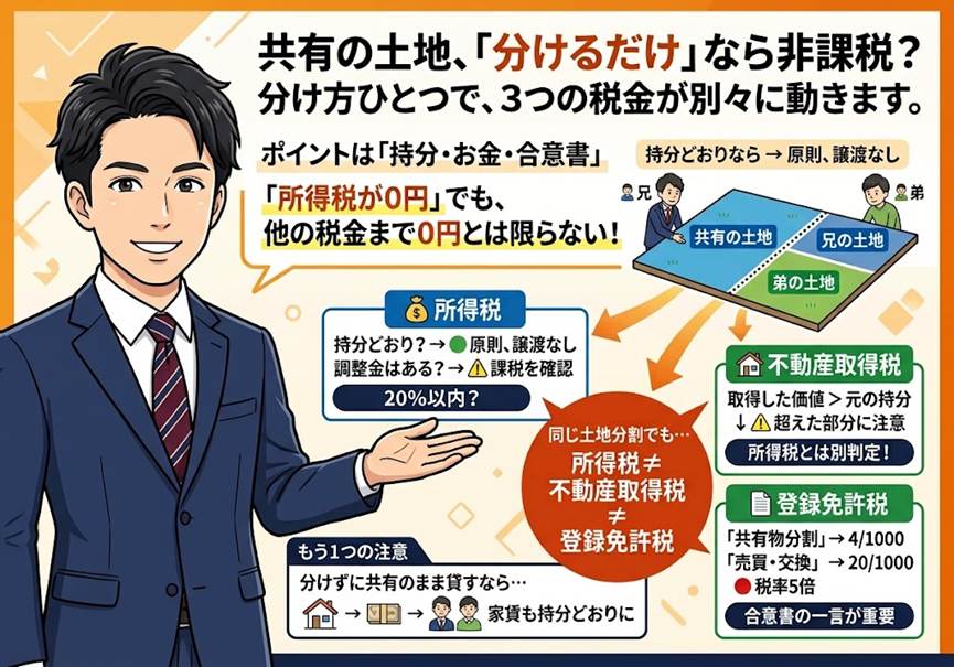 共有の土地を「分けるだけ」なら税金はかからない、と思っていませんか？——共有物分割で3つの税金が別々に動く分かれ道