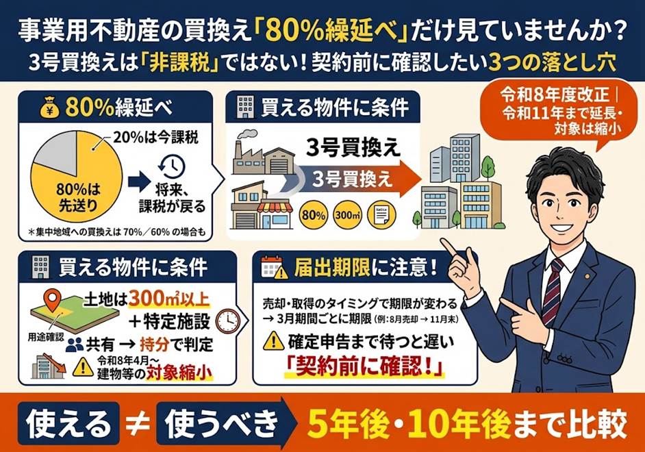 事業用の土地を売って買い替えれば税金は先送りできる、で終わっていませんか？——3号買換えで「使えない・減る・戻る」を招かない3つの分かれ道