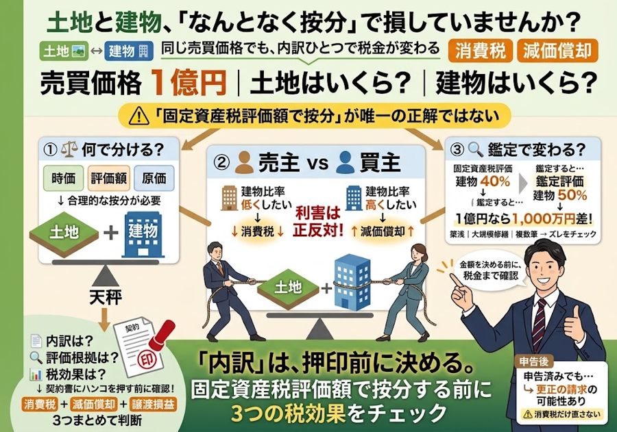 土地と建物、値段の内訳は誰が決めていますか？——一括売買の按分ひとつで消費税も減価償却も変わる3つの分かれ道
