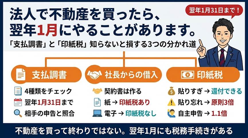 法人で不動産を買った翌年の1月、「税務署に出す紙」があるのをご存じですか？——支払調書と印紙税で法人大家が取りこぼす3つの分かれ道