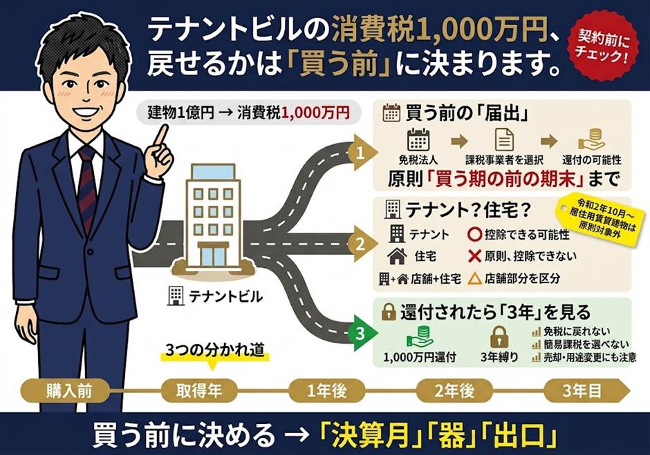 テナントビルを買った年の消費税1,000万円、戻ってきていますか?——建物の消費税で法人オーナーが取りこぼす3つの分かれ道