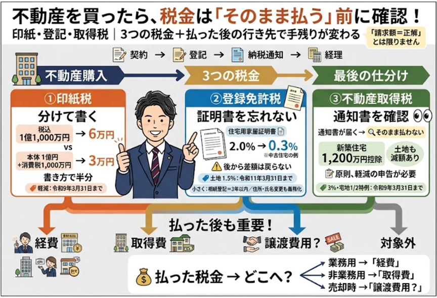 不動産を買ったときの印紙・登記・取得税、「請求された額」をそのまま払っていませんか？——買った直後の3つの税金で取りこぼさない分かれ道