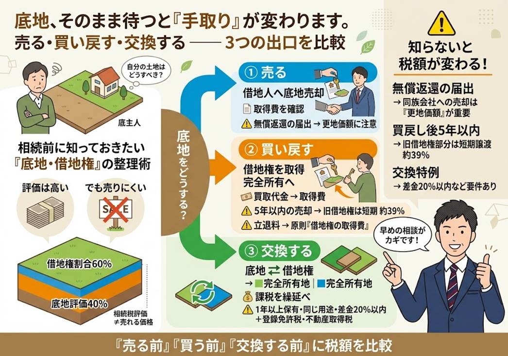 底地を持つ地主さん、「借地人が買ってくれるまで待つ」で終わっていませんか？——底地・借地権の整理で手取りが変わる3つの分かれ道