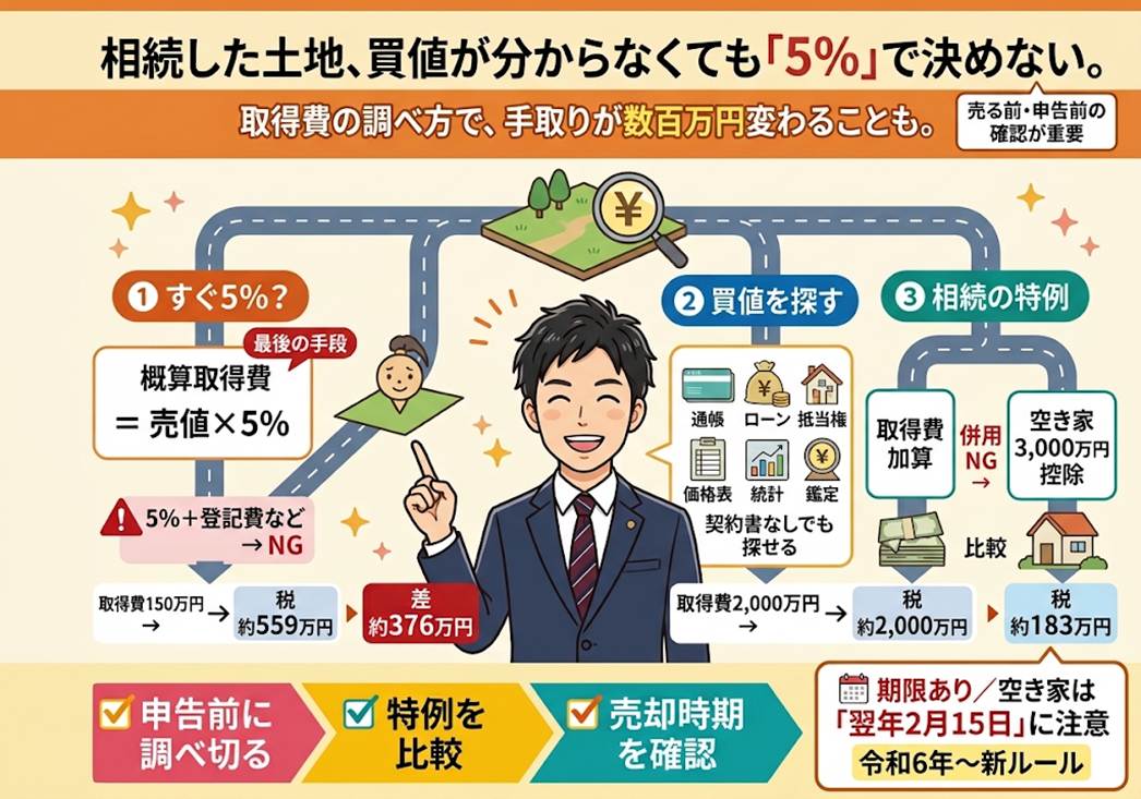 相続した土地、「買った値段が分からない」まま売っていませんか？——取得費不明の不動産で手取りが変わる3つの分かれ道